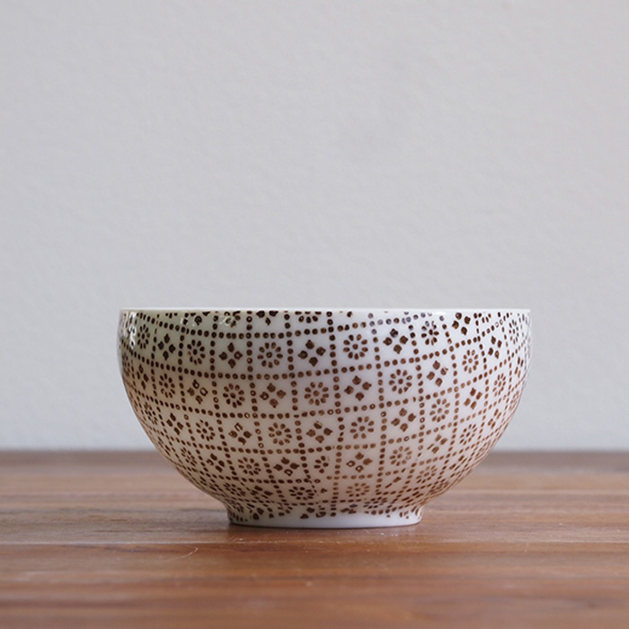 丸直製陶所　染付陶碗　花格子　茶　※