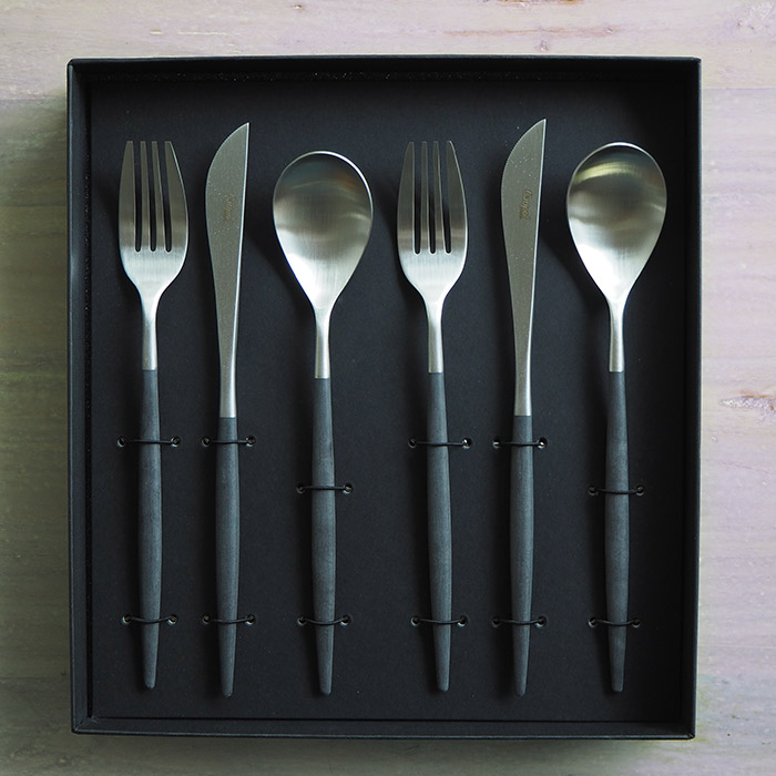 【正規品】クチポール　ミオ・ブラック　シルバー　ディナーセット　6PCS　（箱入り）　/　Cutipol　MIO-Black