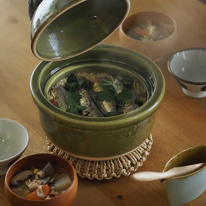 庄左エ門窯　米炊き土鍋　シンプル　三合　抹茶